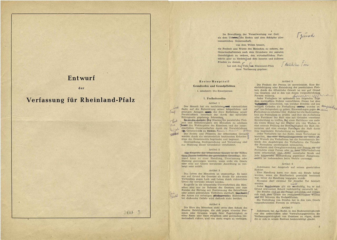Verfassungsentwurf mit Anmerkungen von Dr. Adolf Süsterhenn, LHAKo Best. 700,177 Nr. 730